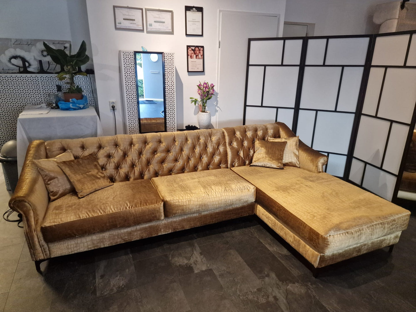 Lounge Living | Hoekbank in Camel met croco print