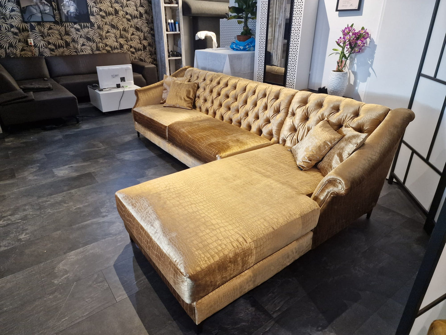 Lounge Living | Hoekbank in Camel met croco print