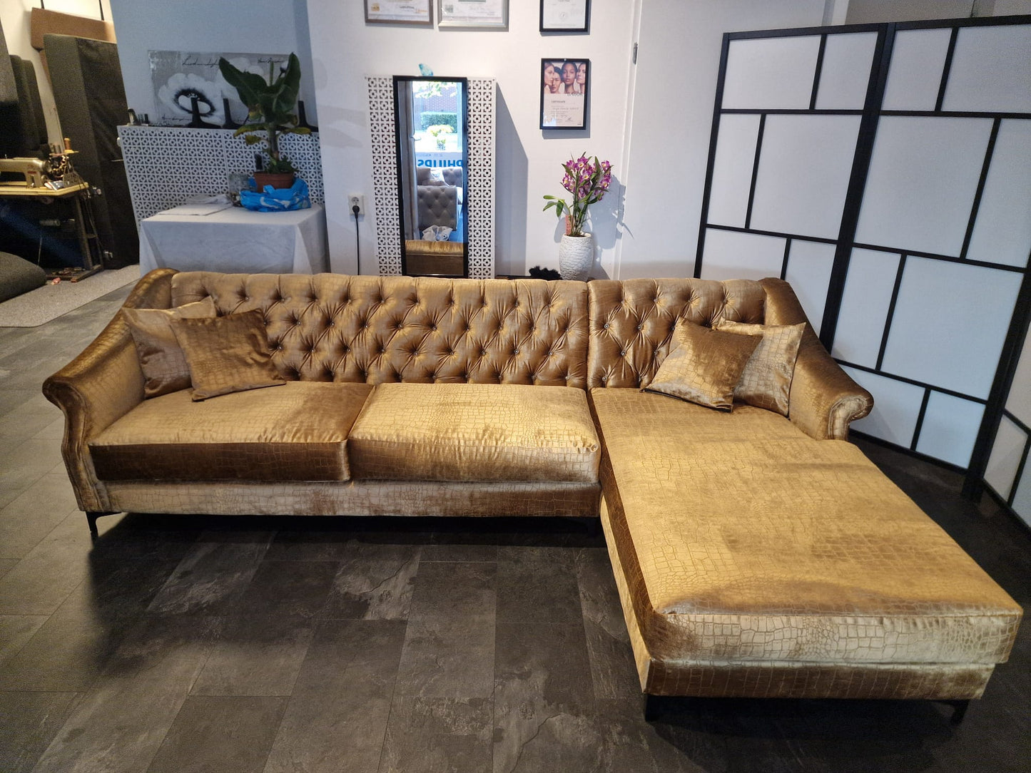 Lounge Living | Hoekbank in Camel met croco print